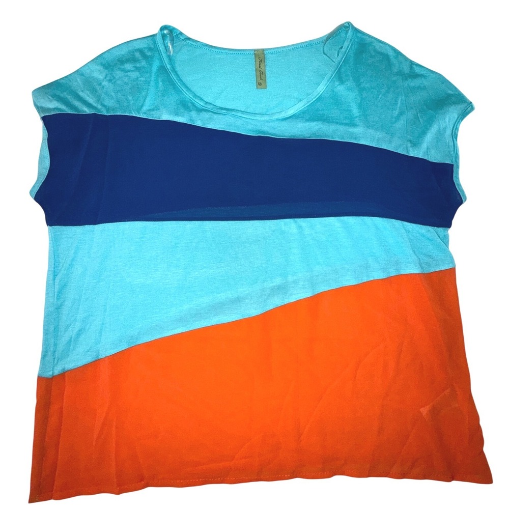 Final Touch Women's Color-block Short Sleeve Top Blue Orange Mixed Media S